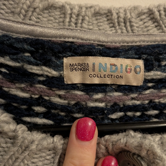 Marks & Spencer Light Gray Fair Isle Knit Cardigan with Navy & Mauve Accents - Picture 3 of 8